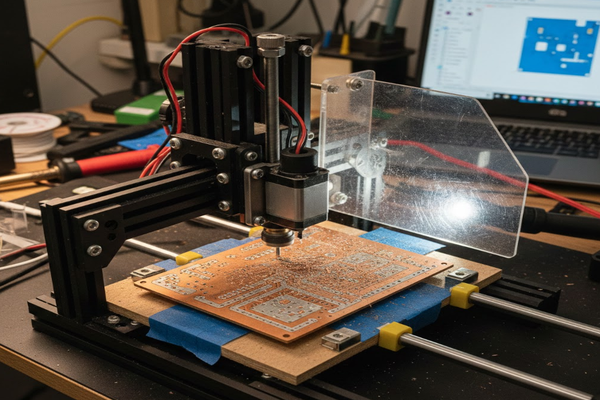 A cheap CNC machine milling a PCB